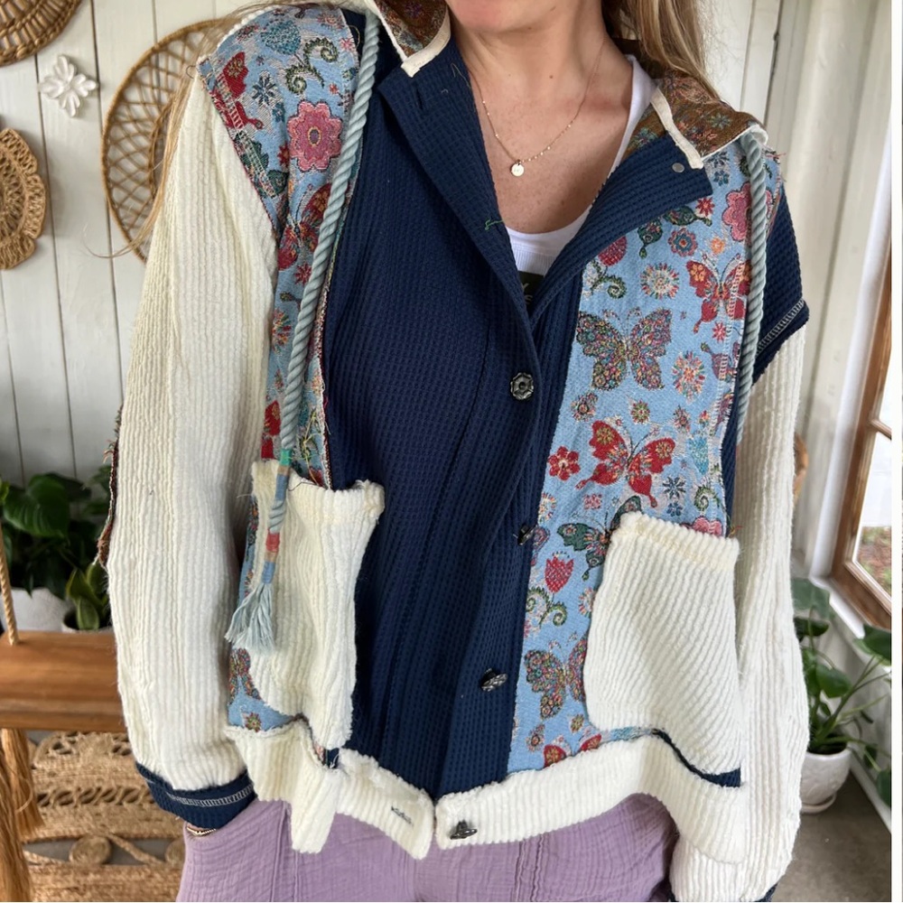 POL Floral Patchwork Jacket with Navy and White Accents